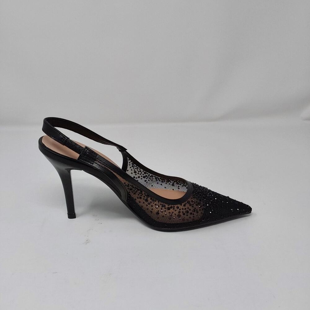 Women’s Black Rhinestone Mesh Slingback Stiletto Heels Pointed Toe Pumps Size 6 - Picture 9 of 16